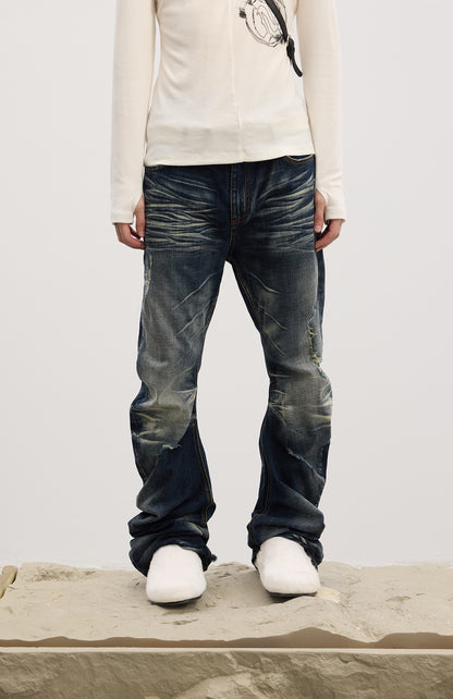 Dirty Fit Whiskered Distressed Washed  Stack Jeans