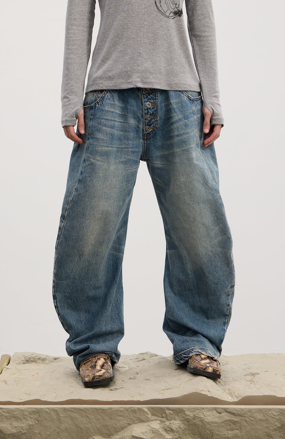 Curved Button Fly Loose Fit Washed Denim