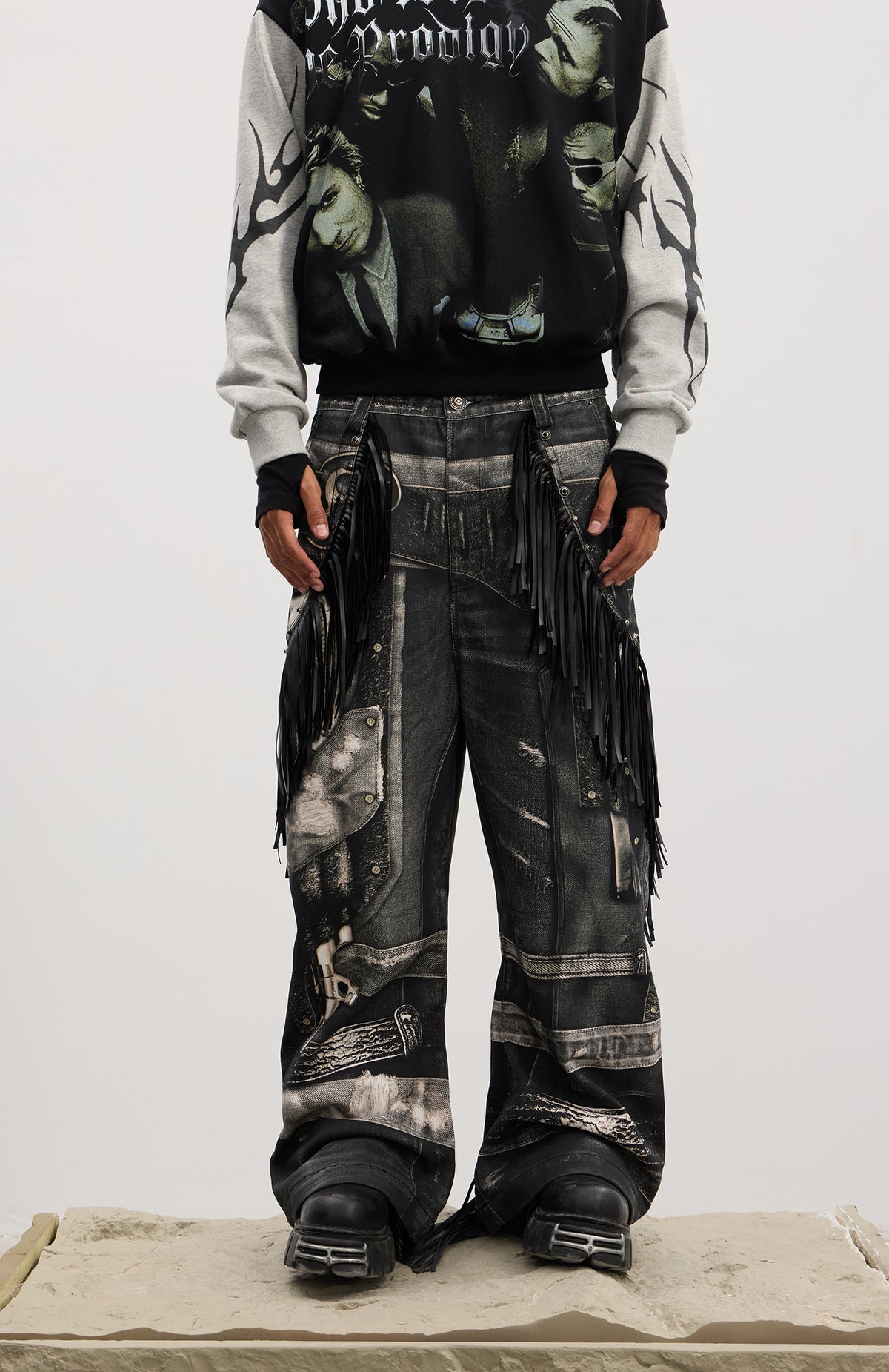 Gothic Fringe Dual-Gun Printed Baggy Jeans