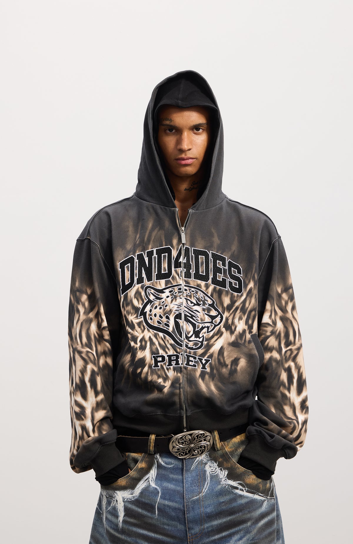 DND4DES “PREY” Leopard Embroidered Dual-Zip Up Hoodie
