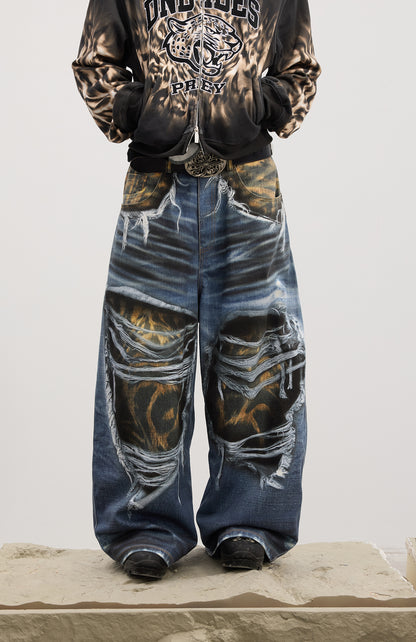 Ripped Leopard Layer Washed Print Jeans