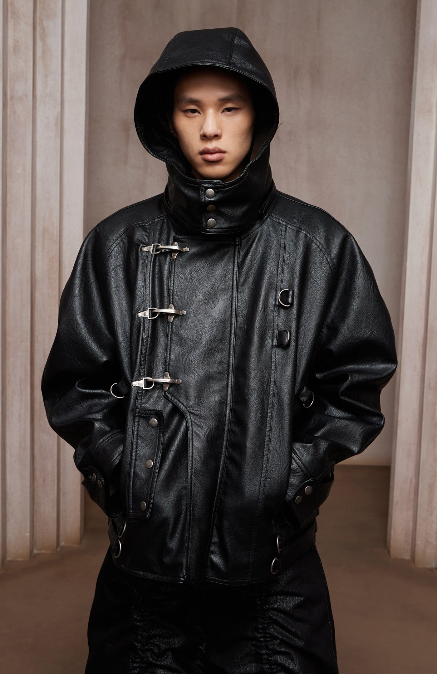 Dark Hardware Buckled Hooded Leather Biker Jacket