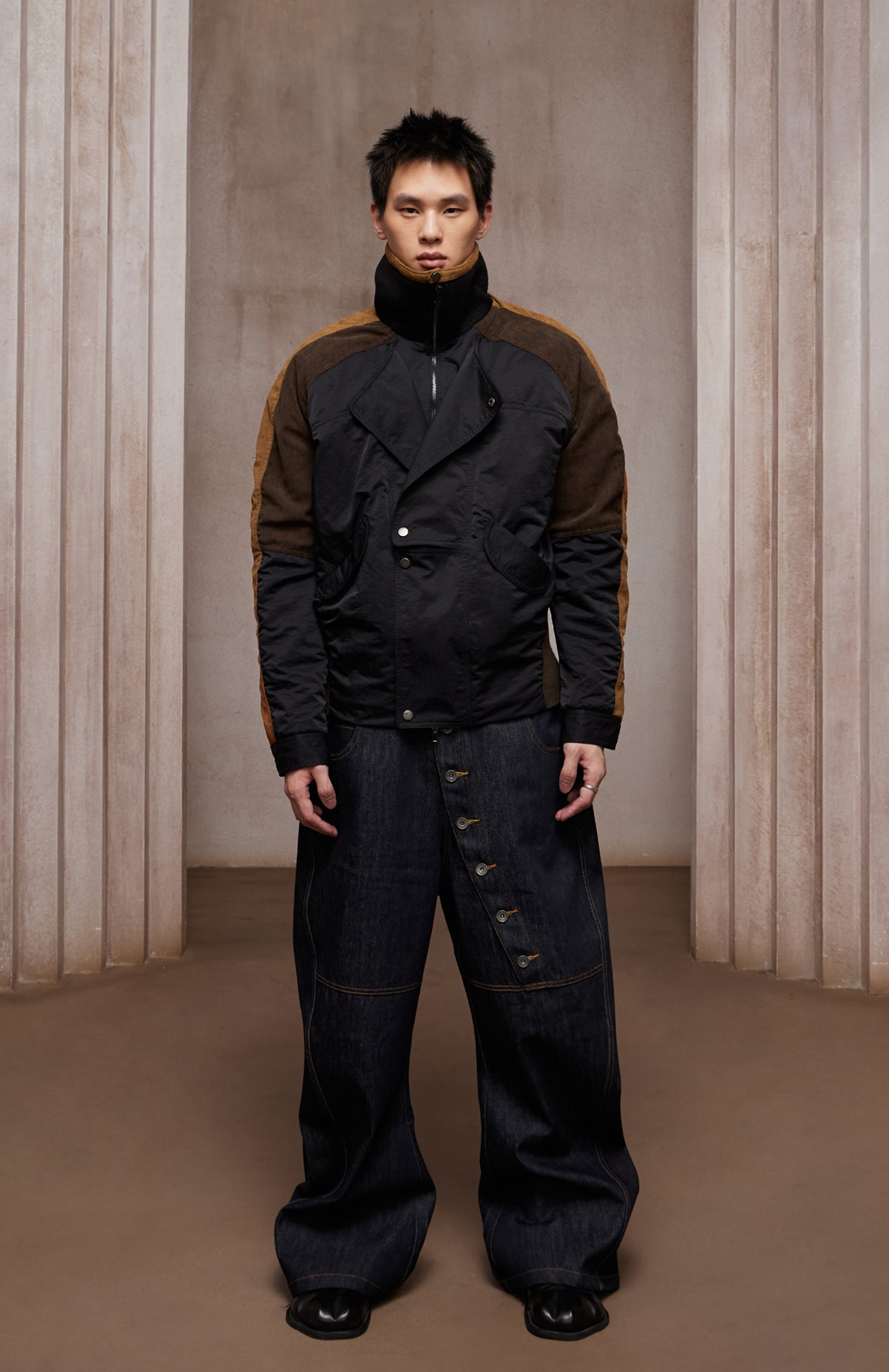 Asymmetric Front Suede-Corduroy Panel Padded Jacket (black X cosmic orange)