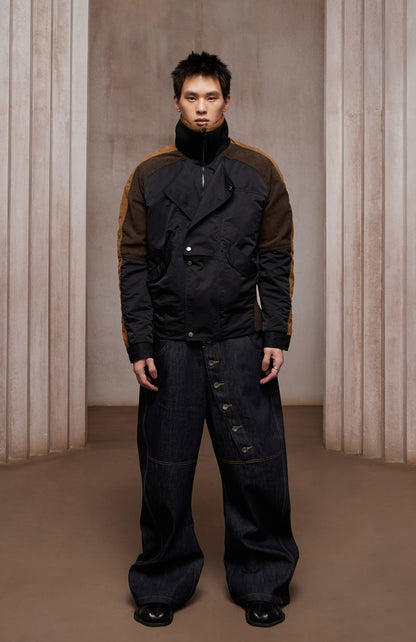 Asymmetric Front Suede-Corduroy Panel Padded Jacket (black X cosmic orange)