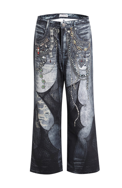 Chain Lace Patchwork Flared Jeans