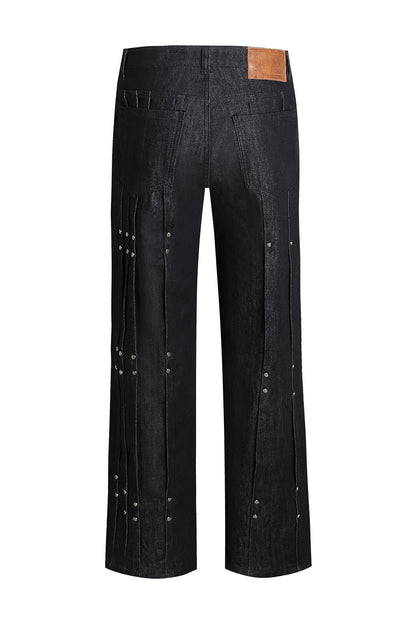 Multi Pleats Asymmetric Riveted Raw Denim Wide-Leg Jeans