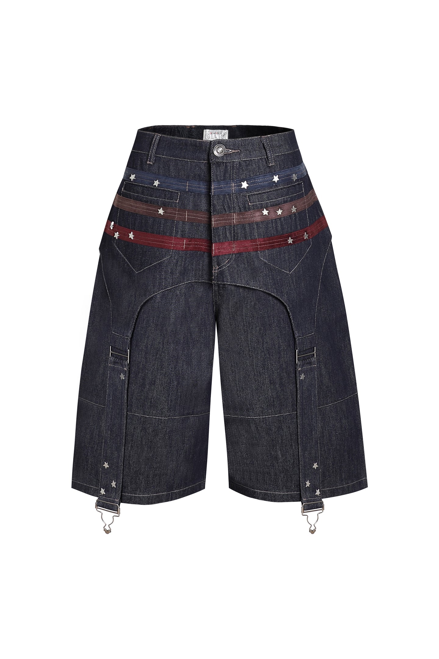Triple Suede-Strapped Star-Rivet Harness Denim Shorts