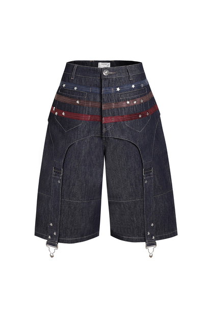 Triple Suede-Strapped Star-Rivet Harness Denim Shorts