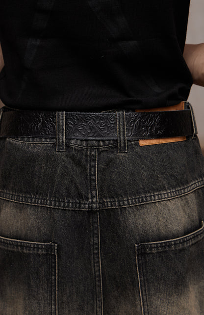 Chrome Acanthus Carved Leather Belt
