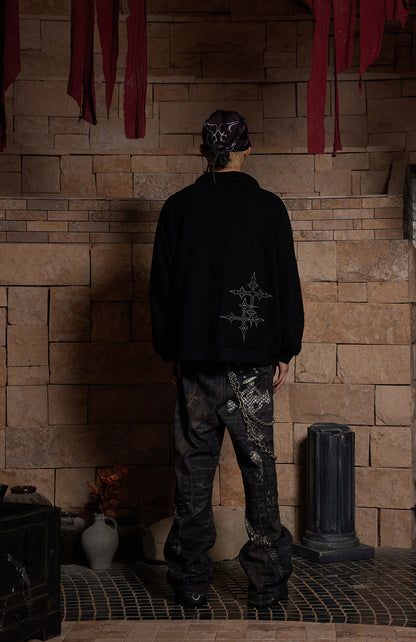 Leather Cross Splicing Printed Jeans