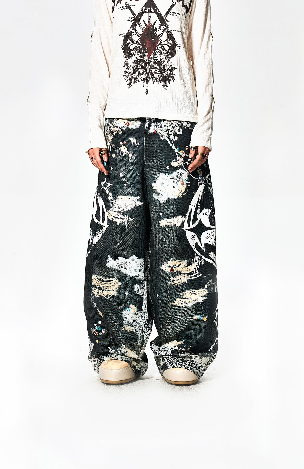 Lace Acid Gem Printed Baggy Pants