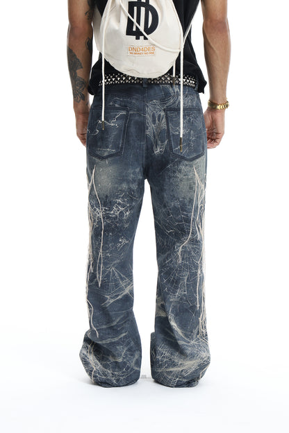 Spider Web Embroidery Tassel Hard Washed Jeans