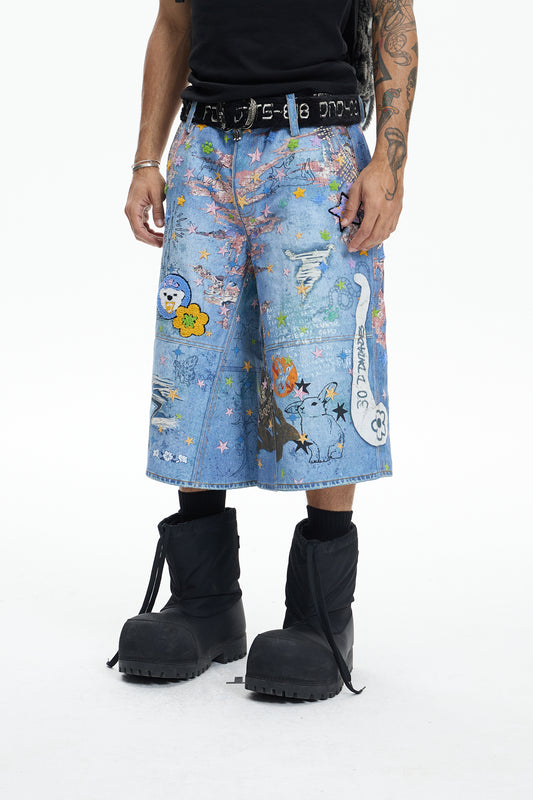 Star Graffiti Flocked Patches Embroidery Cartoon Oversized Pants