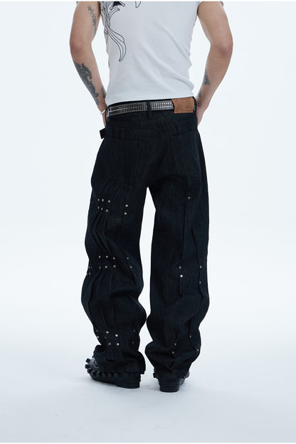 Multi Pleats Asymmetric Riveted Raw Denim Wide-Leg Jeans
