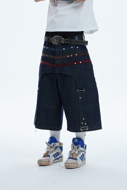 Triple Suede-Strapped Star-Rivet Harness Denim Shorts