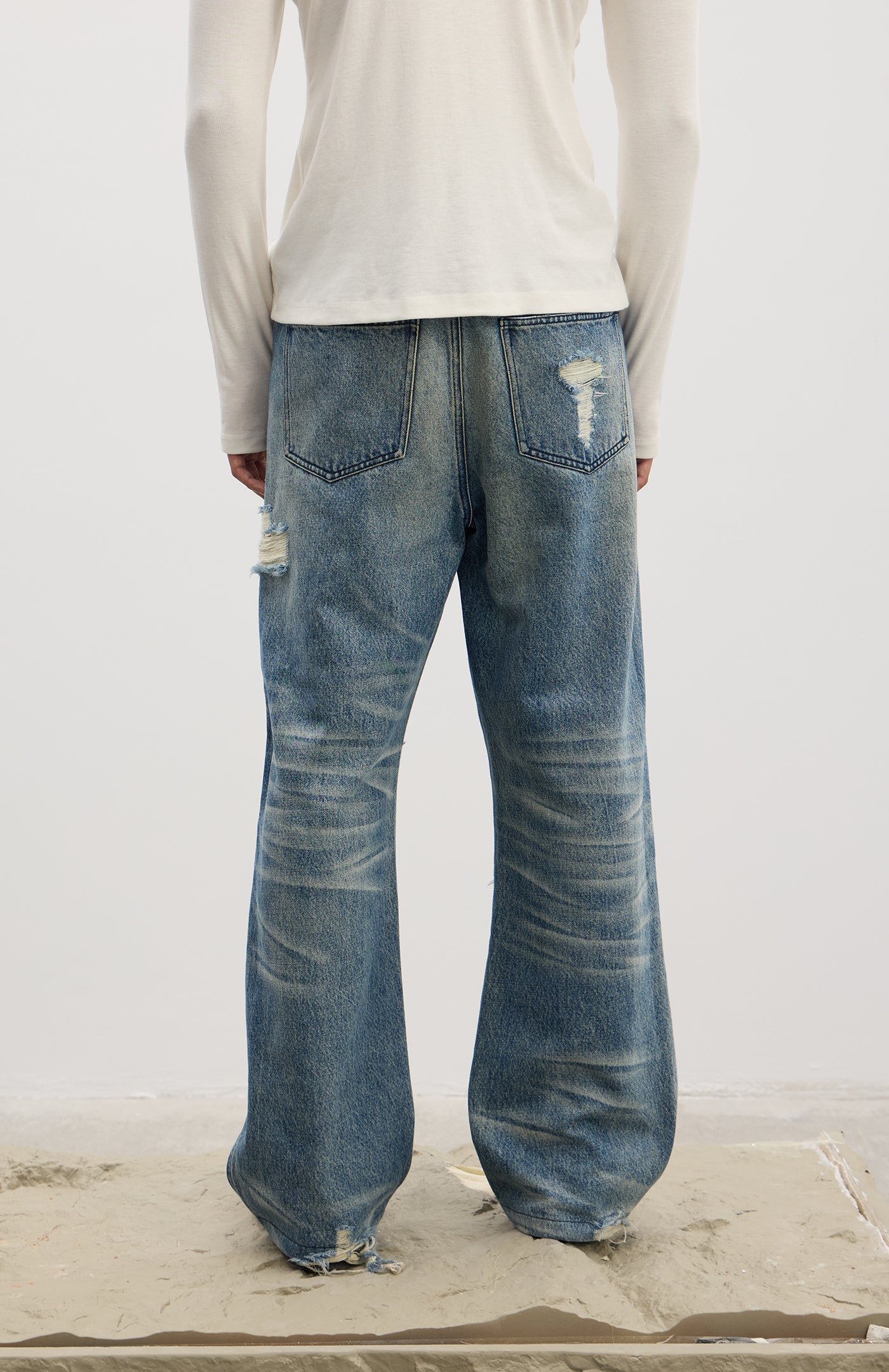 Ripped Metallic-Panel Washed Blue Flared Jeans