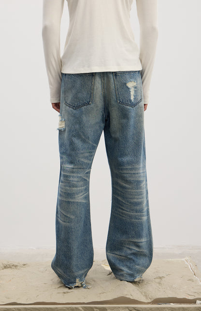 Ripped Metallic-Panel Washed Blue Flared Jeans