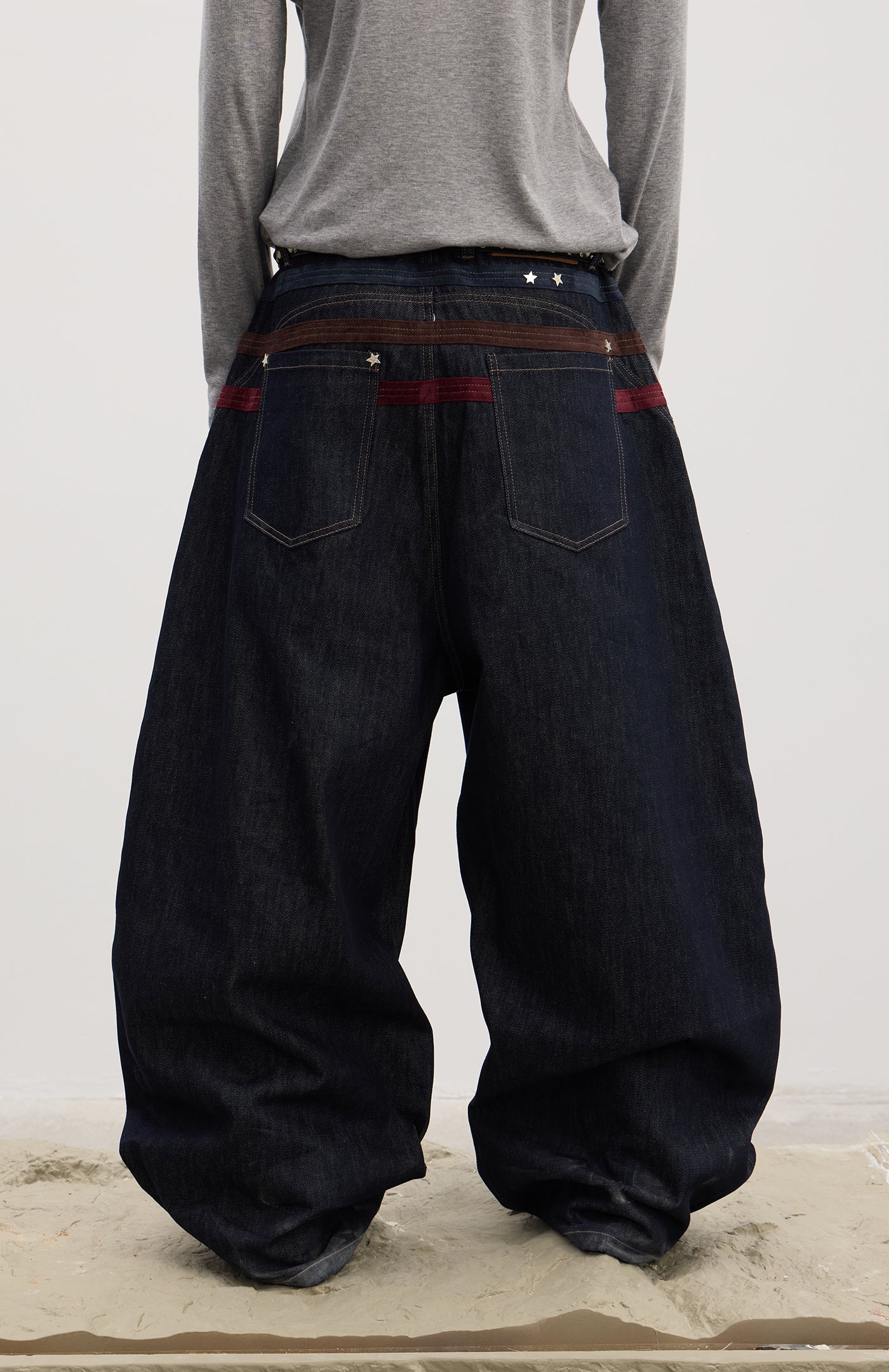 Triple Suede-Strapped Star-Rivet Harness Baggy Raw Denim