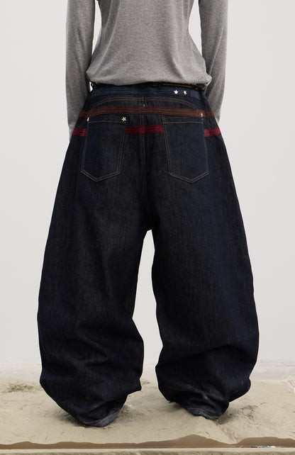 Triple Suede-Strapped Star-Rivet Harness Baggy Raw Denim