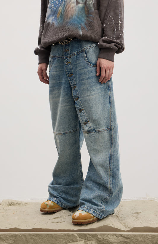 Asymmetrical Long Button Fly Curved-Blade Denim