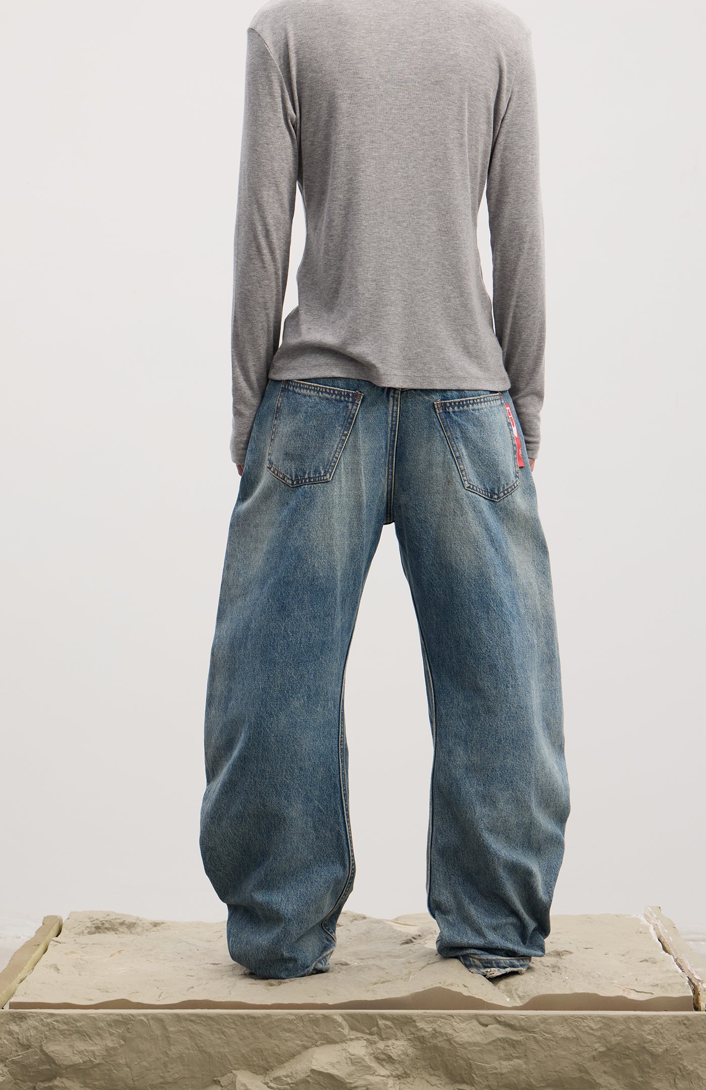 Curved Button Fly Loose Fit Washed Denim