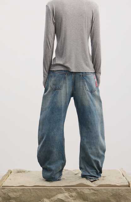 Curved Button Fly Loose Fit Washed Denim