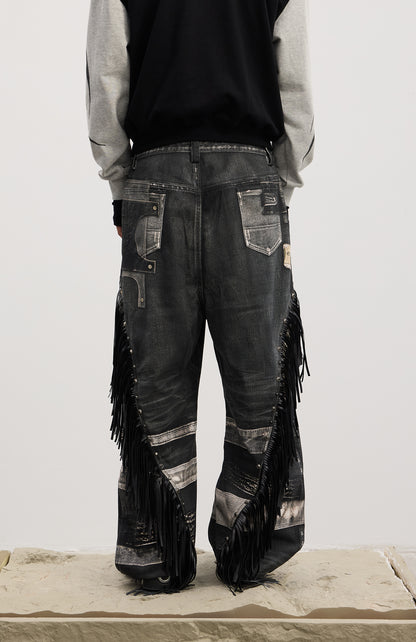 Gothic Fringe Dual-Gun Printed Baggy Jeans