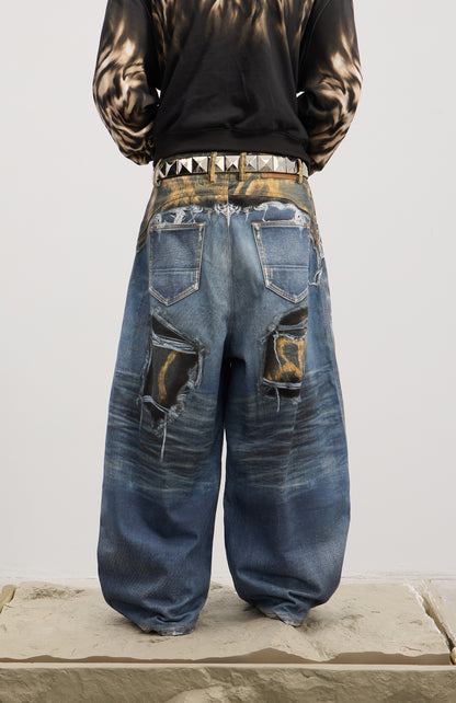 Ripped Leopard Layer Washed Print Jeans