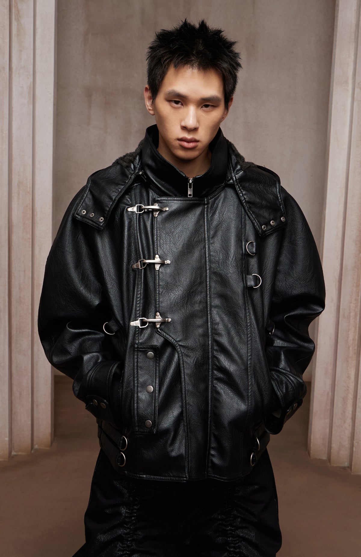 Dark Hardware Buckled Hooded Leather Biker Jacket