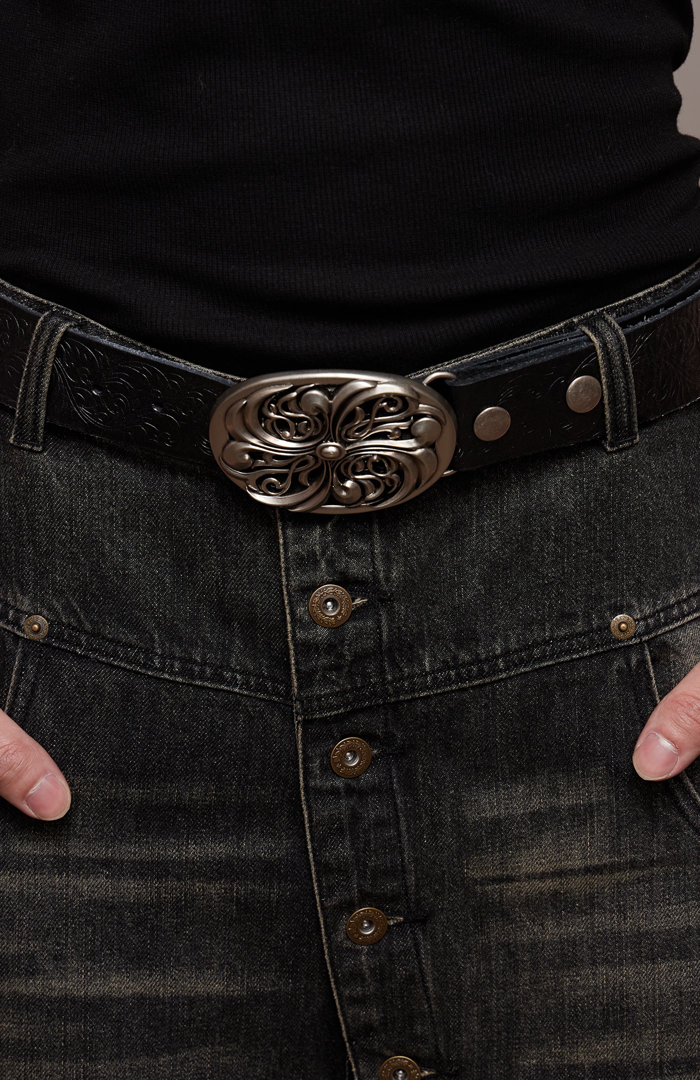 Chrome Acanthus Carved Leather Belt
