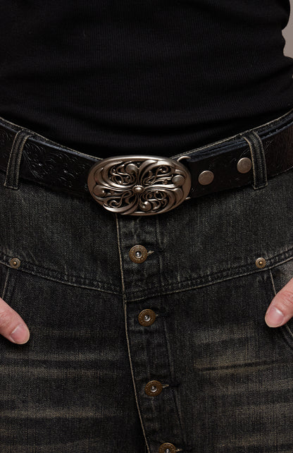 Chrome Acanthus Carved Leather Belt