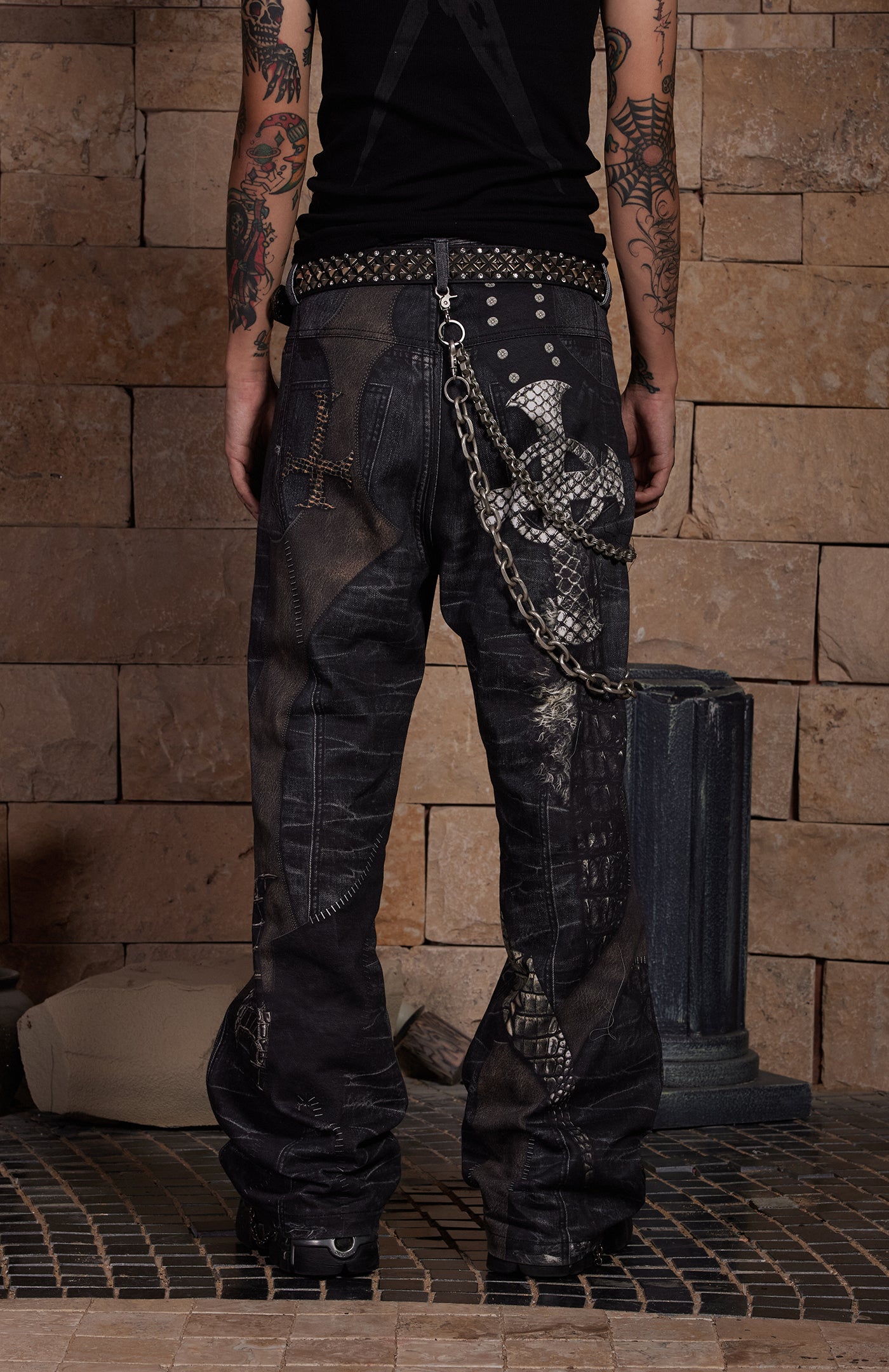 Leather Cross Splicing Printed Jeans