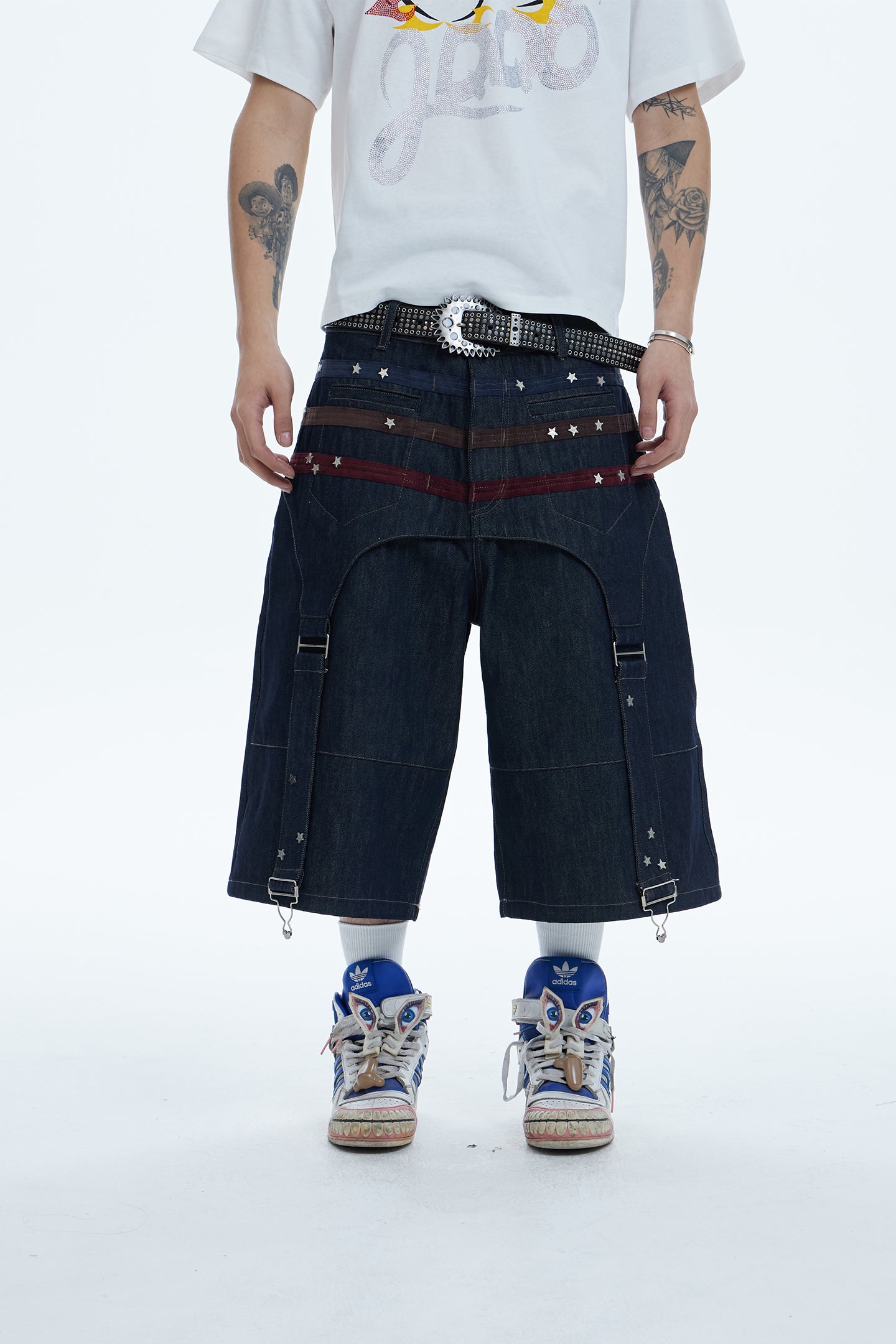 Triple Suede-Strapped Star-Rivet Harness Denim Shorts
