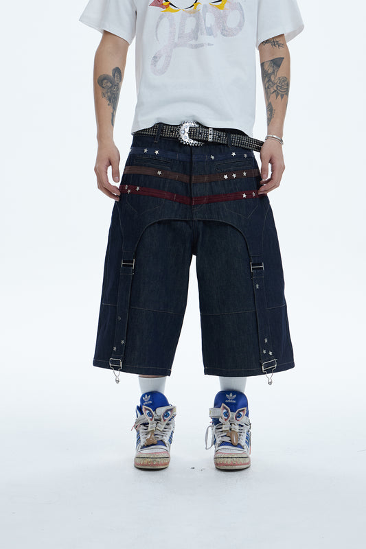 Triple Suede-Strapped Star-Rivet Harness Denim Shorts