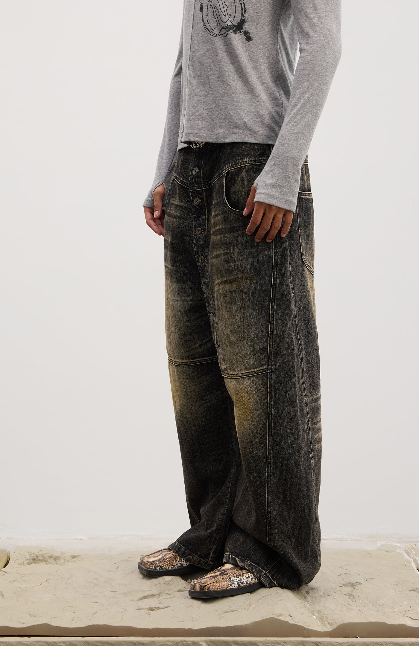 Asymmetrical Long Button Fly Curved-Blade Denim