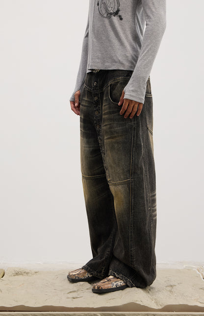 Asymmetrical Long Button Fly Curved-Blade Denim
