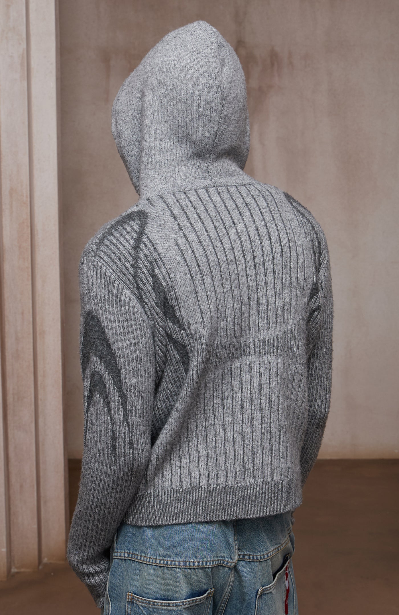 Structured Two-Tone Ribbed Knit Zip-Up Hoodie