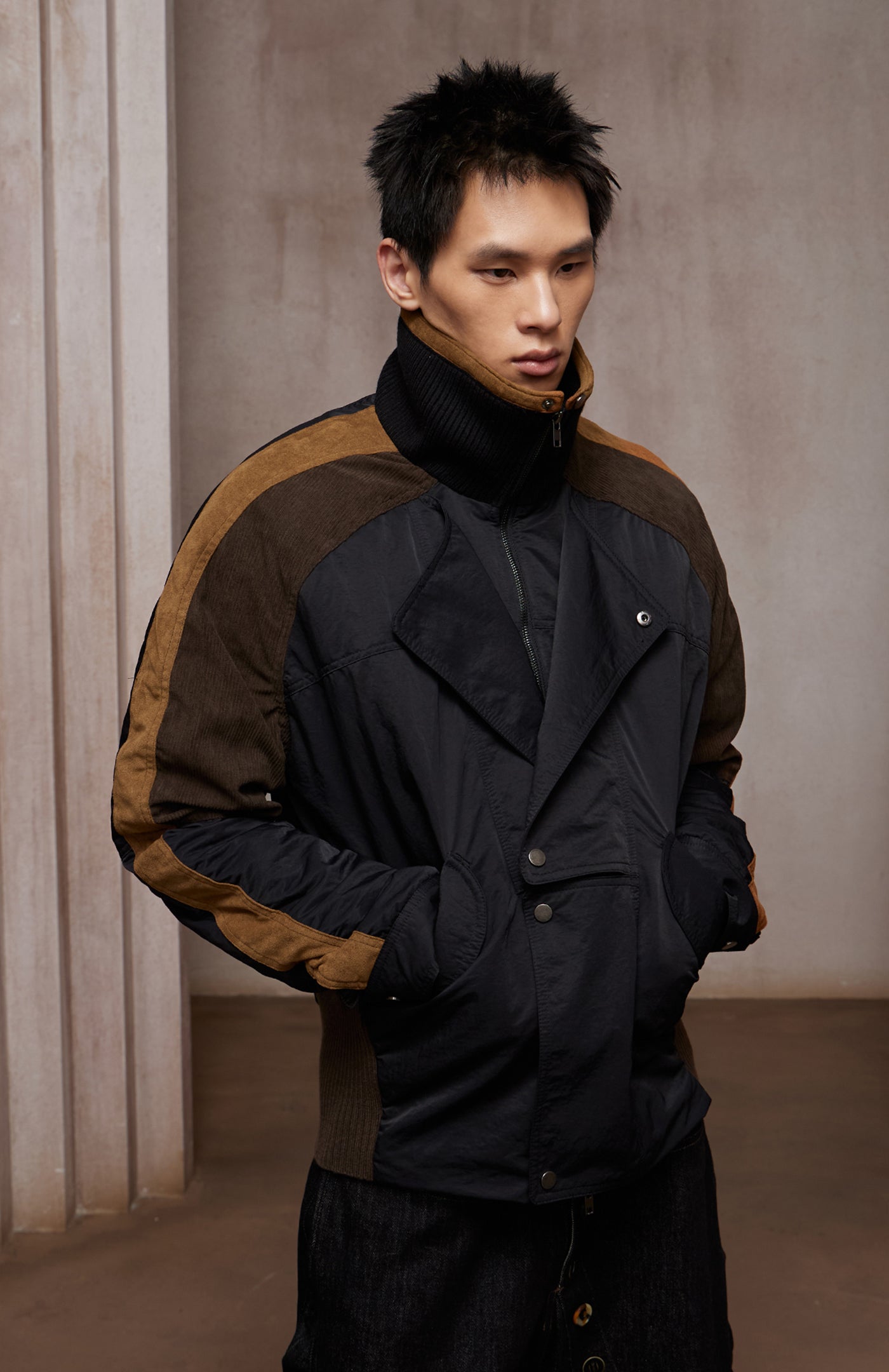 Asymmetric Front Suede-Corduroy Panel Padded Jacket (black X cosmic orange)