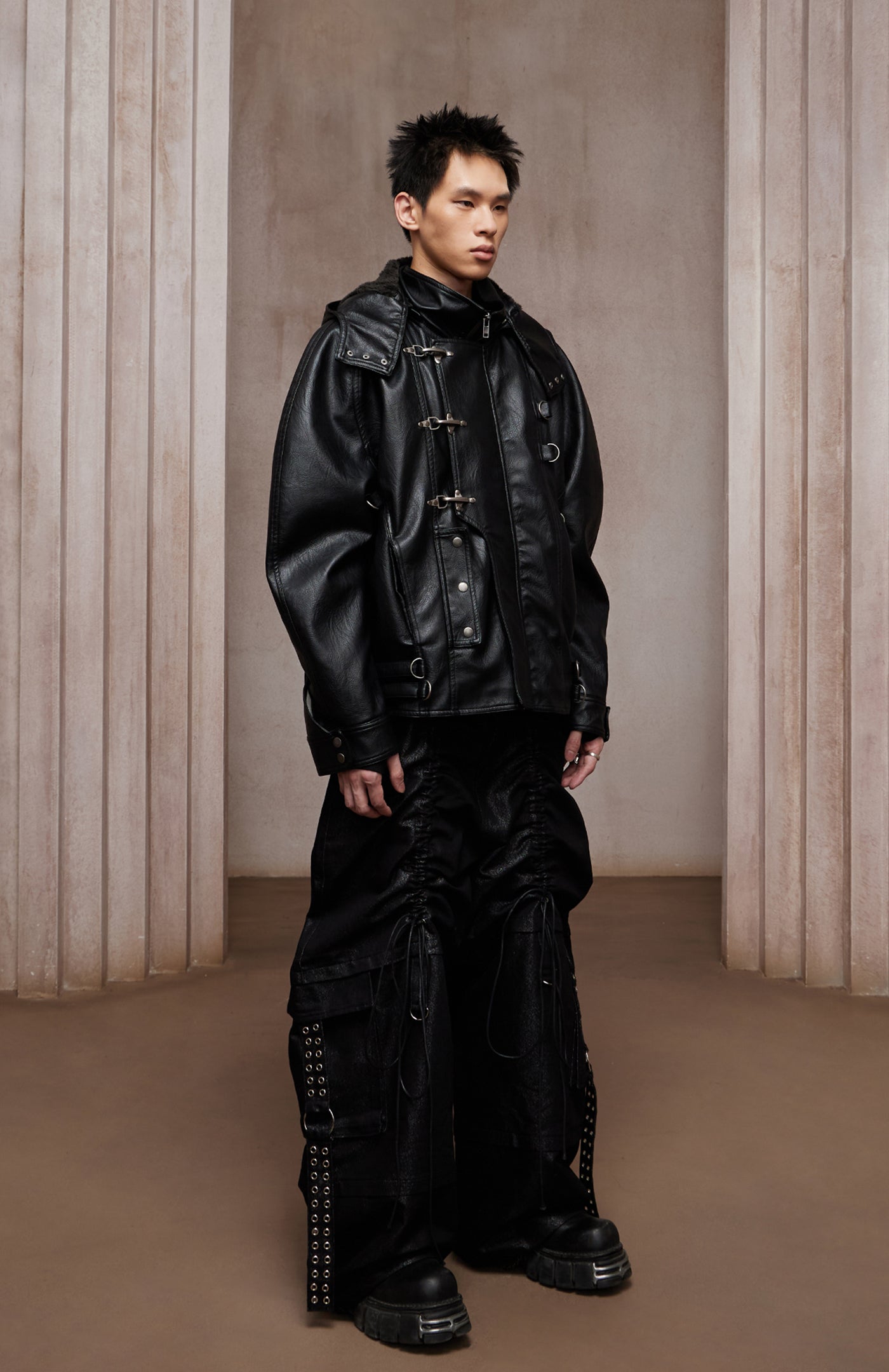 Dark Hardware Buckled Hooded Leather Biker Jacket