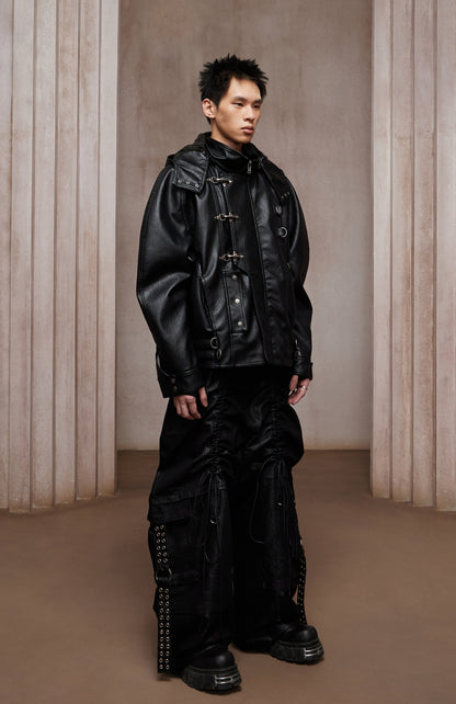 Dark Hardware Buckled Hooded Leather Biker Jacket