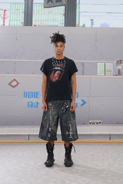 Leather Cross Splicing Printed 3/4 Jeans