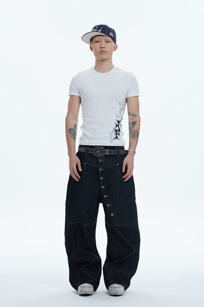 Avant-garde Curved Button-Down Raw Denim Curved Jeans