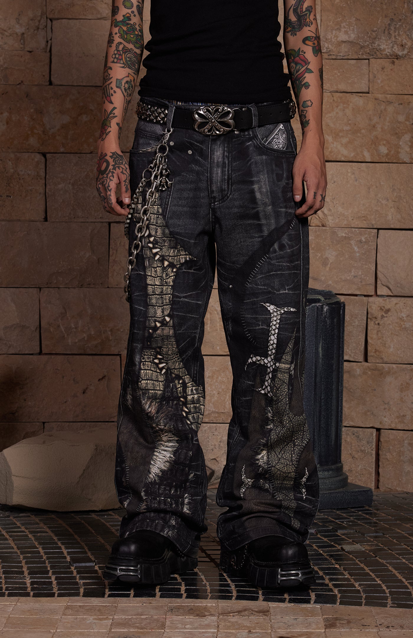 Leather Cross Splicing Printed Jeans