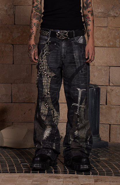Leather Cross Splicing Printed Jeans