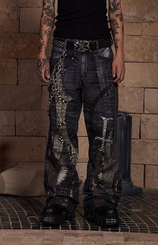 Leather Cross Splicing Printed Jeans