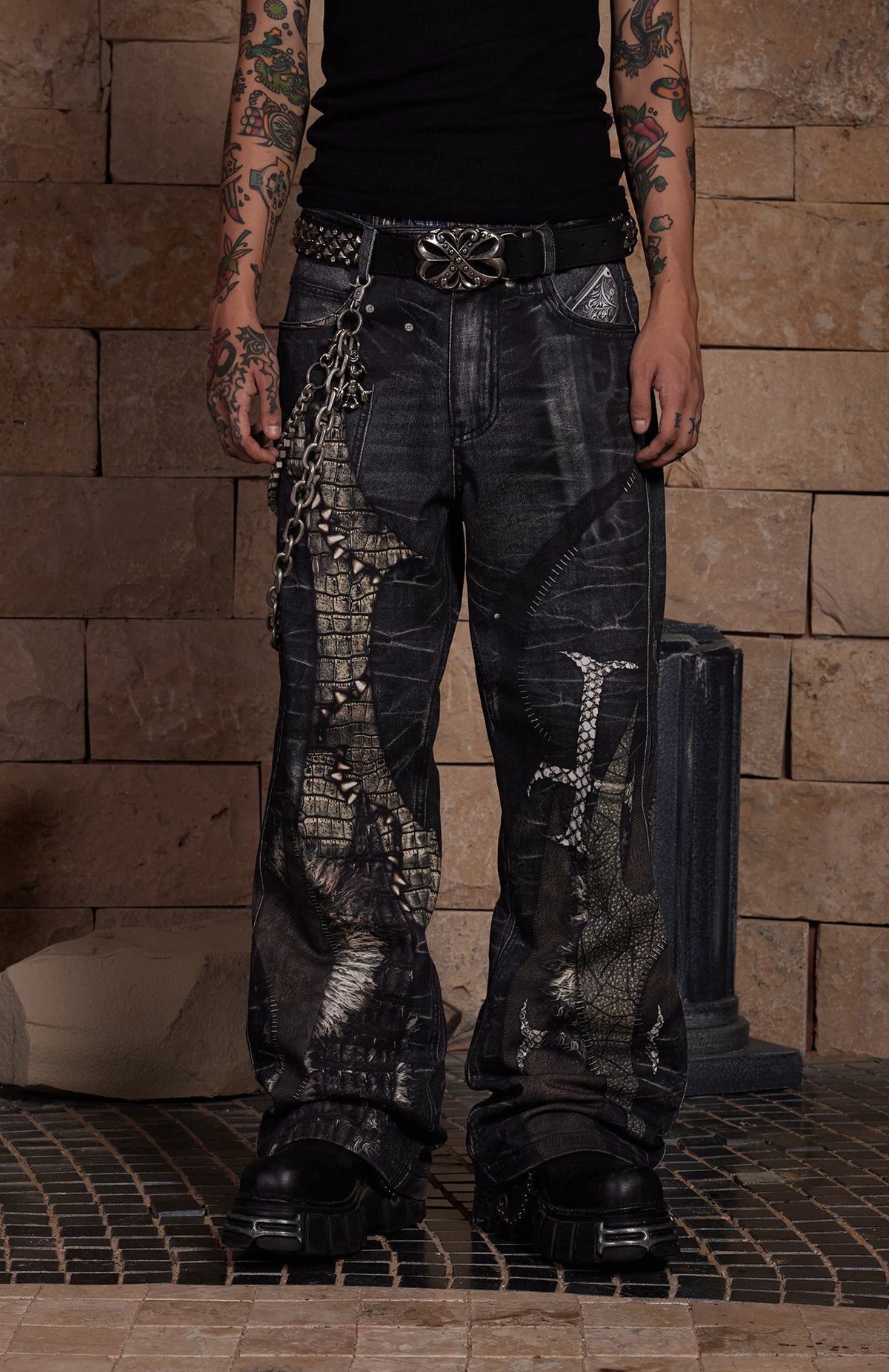 Leather Cross Splicing Printed Jeans