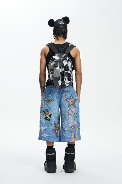 Star Graffiti Flocked Patches Embroidery Cartoon Oversized Pants