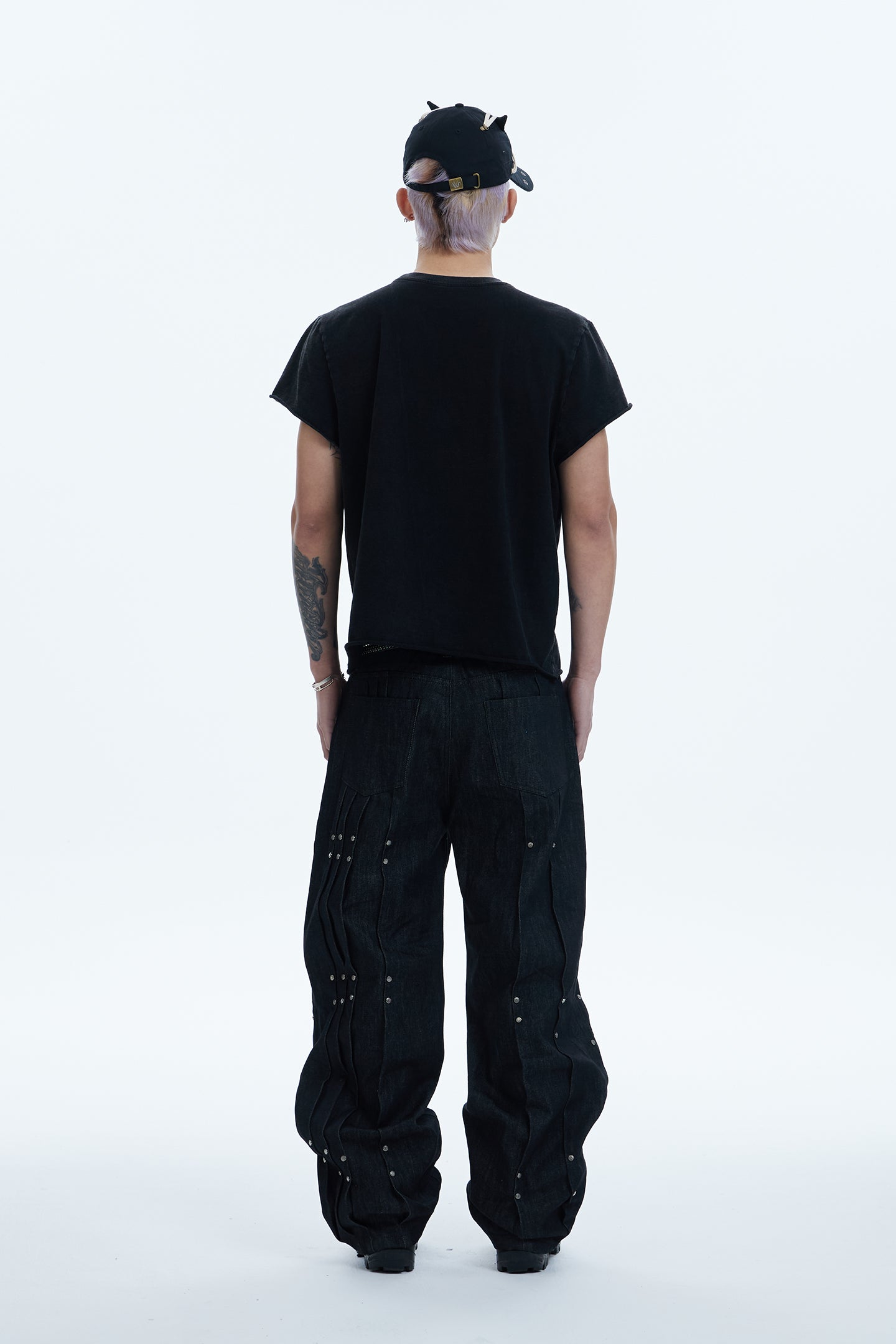Multi Pleats Asymmetric Riveted Raw Denim Wide-Leg Jeans