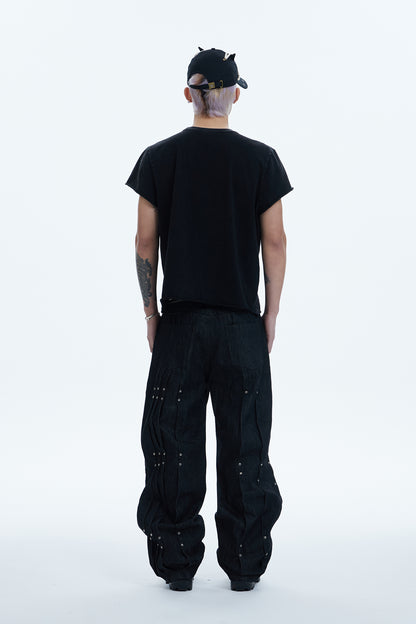 Multi Pleats Asymmetric Riveted Raw Denim Wide-Leg Jeans