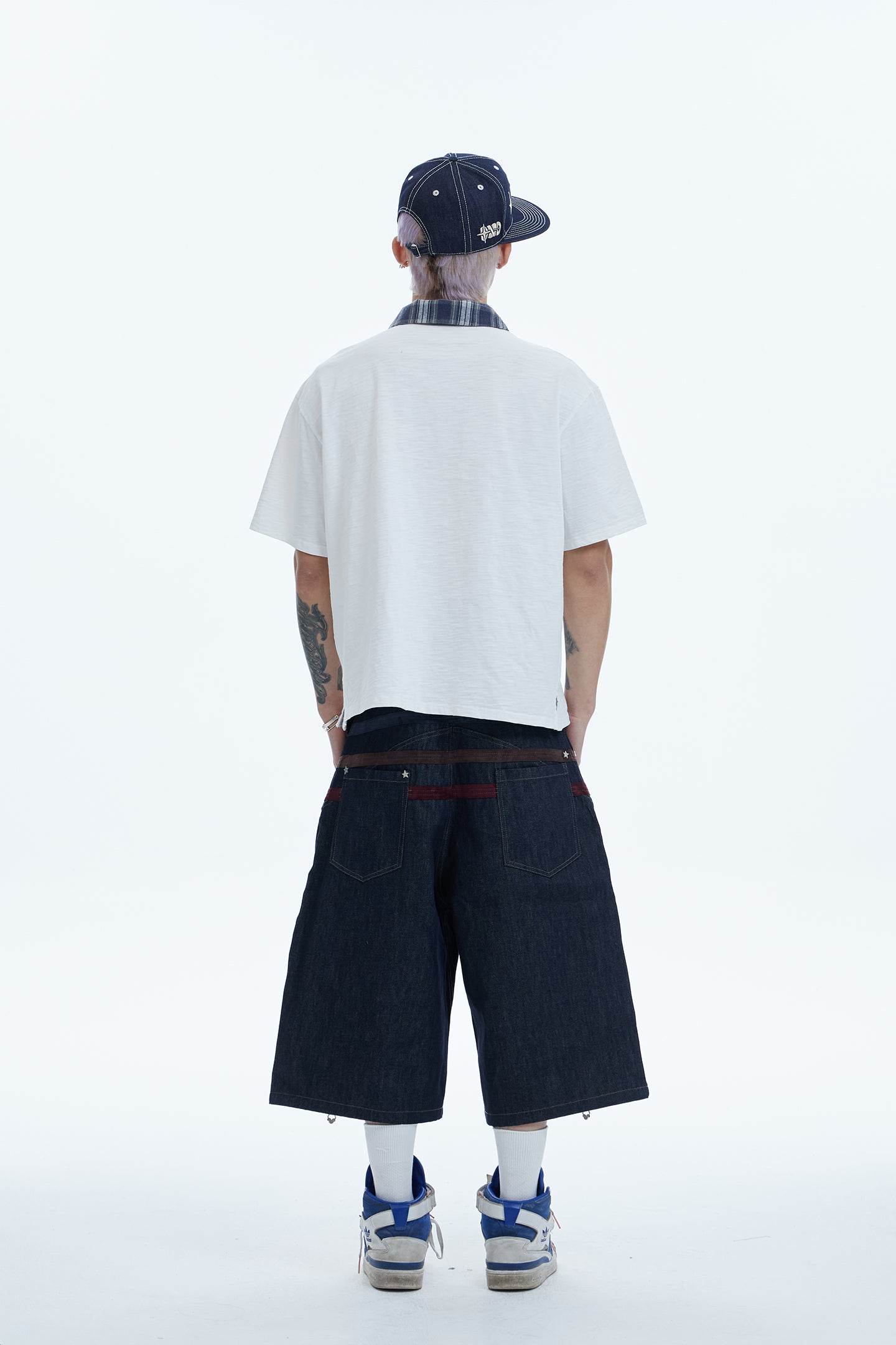 Triple Suede-Strapped Star-Rivet Harness Denim Shorts
